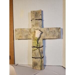Cross Wall Plaque Pink Rose On Faux Stone Cross 1998 UDC